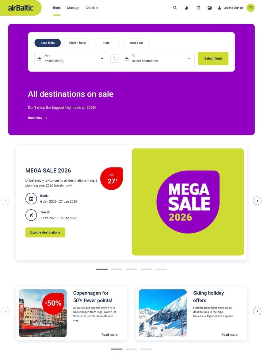 Szolgáltatások listája az airBaltic webáruház főoldalán