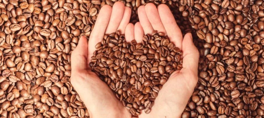 Kéz, amely kávészemeket tart és szívet formál belőlük