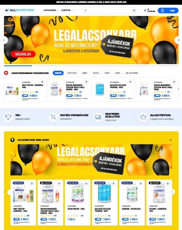 Termékek az Allnutrition webáruház főoldalán