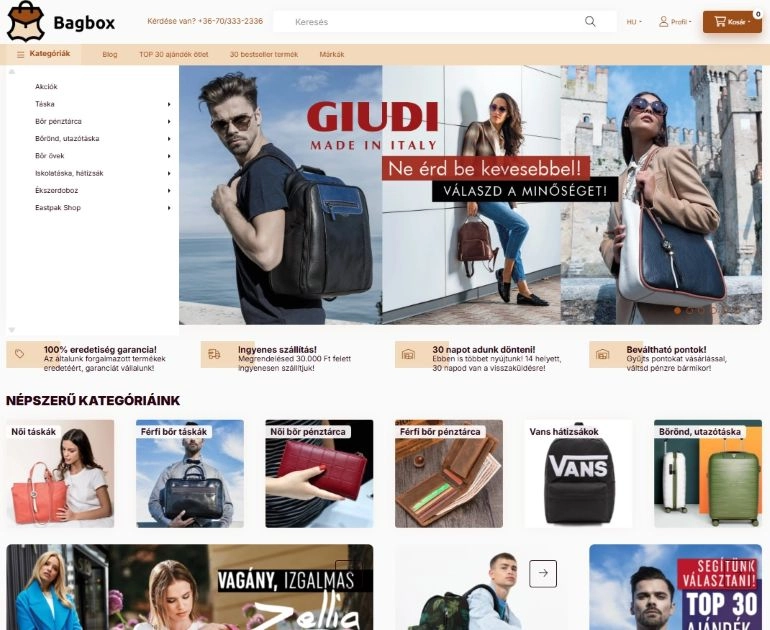 Termmékek a Bagbox webshop főoldalán