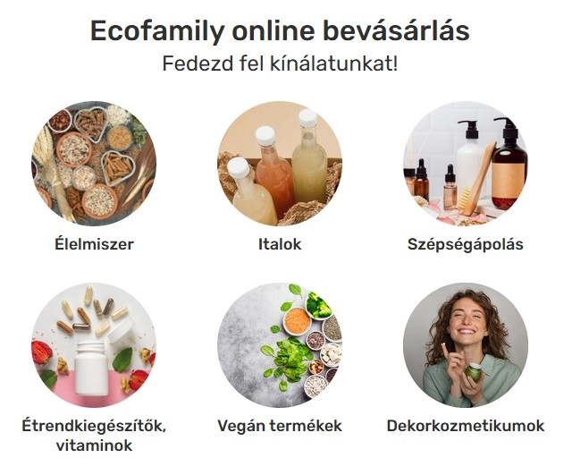 Különböző termékkategóriák, úgy mint élelmiszer, italok, vegán termékek