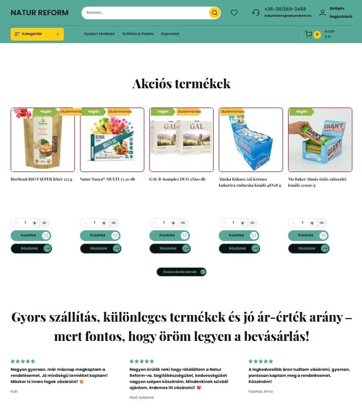 Termékek a Natur Reform webáruház főoldalán