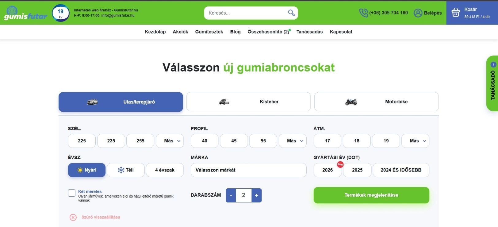 A webáruház főoldala és a gumiabroncs kiválasztó