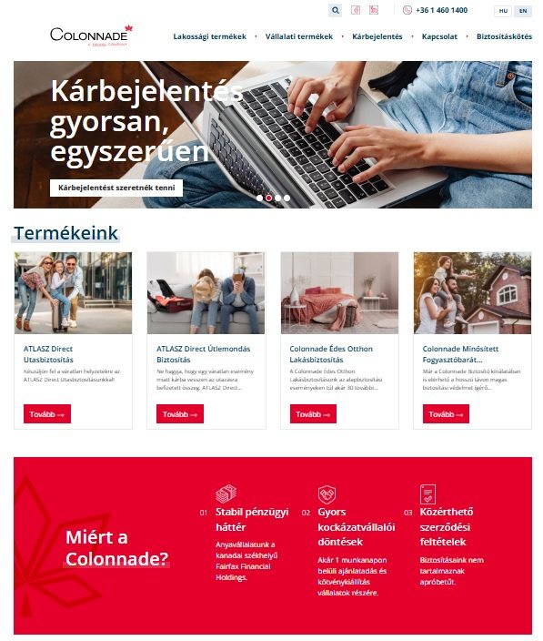 Szolgáltatások listája a Colonnade webáruház főoldalán