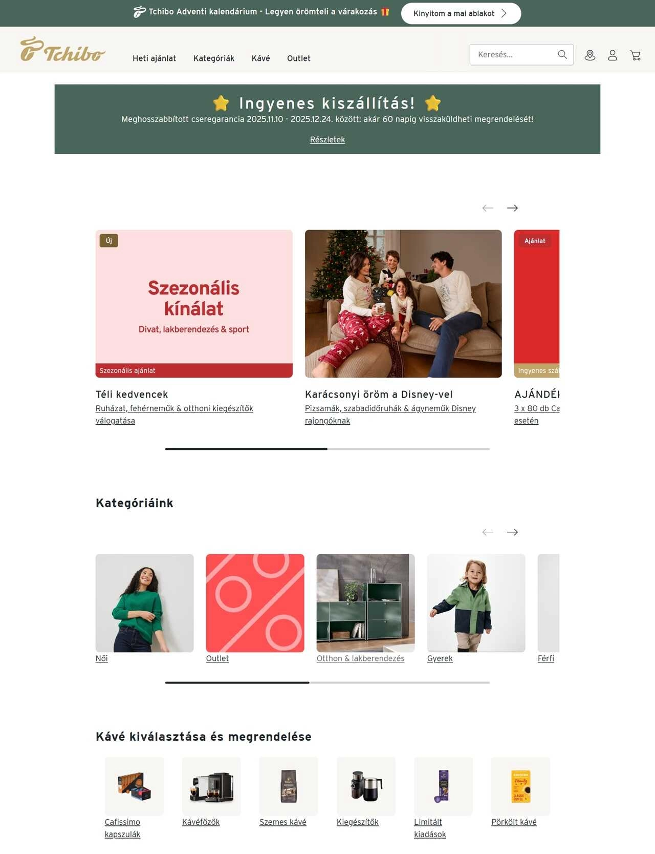 Termékek a tchibo webshop főoldalán