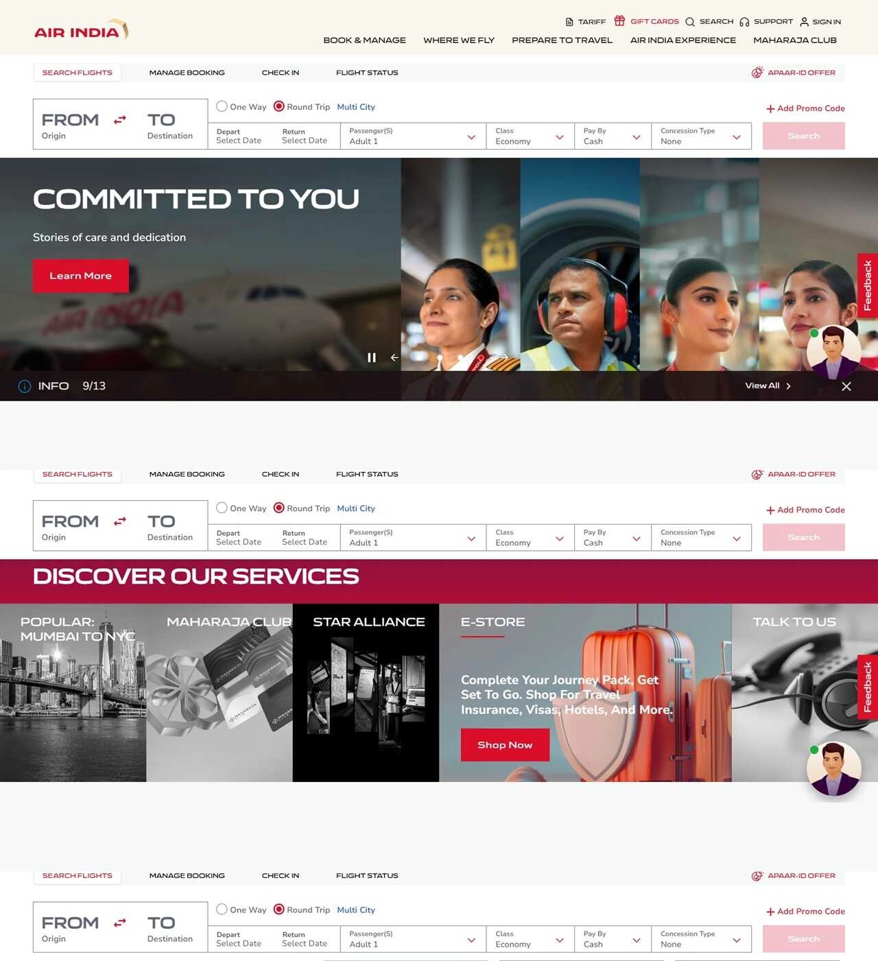 reklámok az Air India webáruház főoldalán