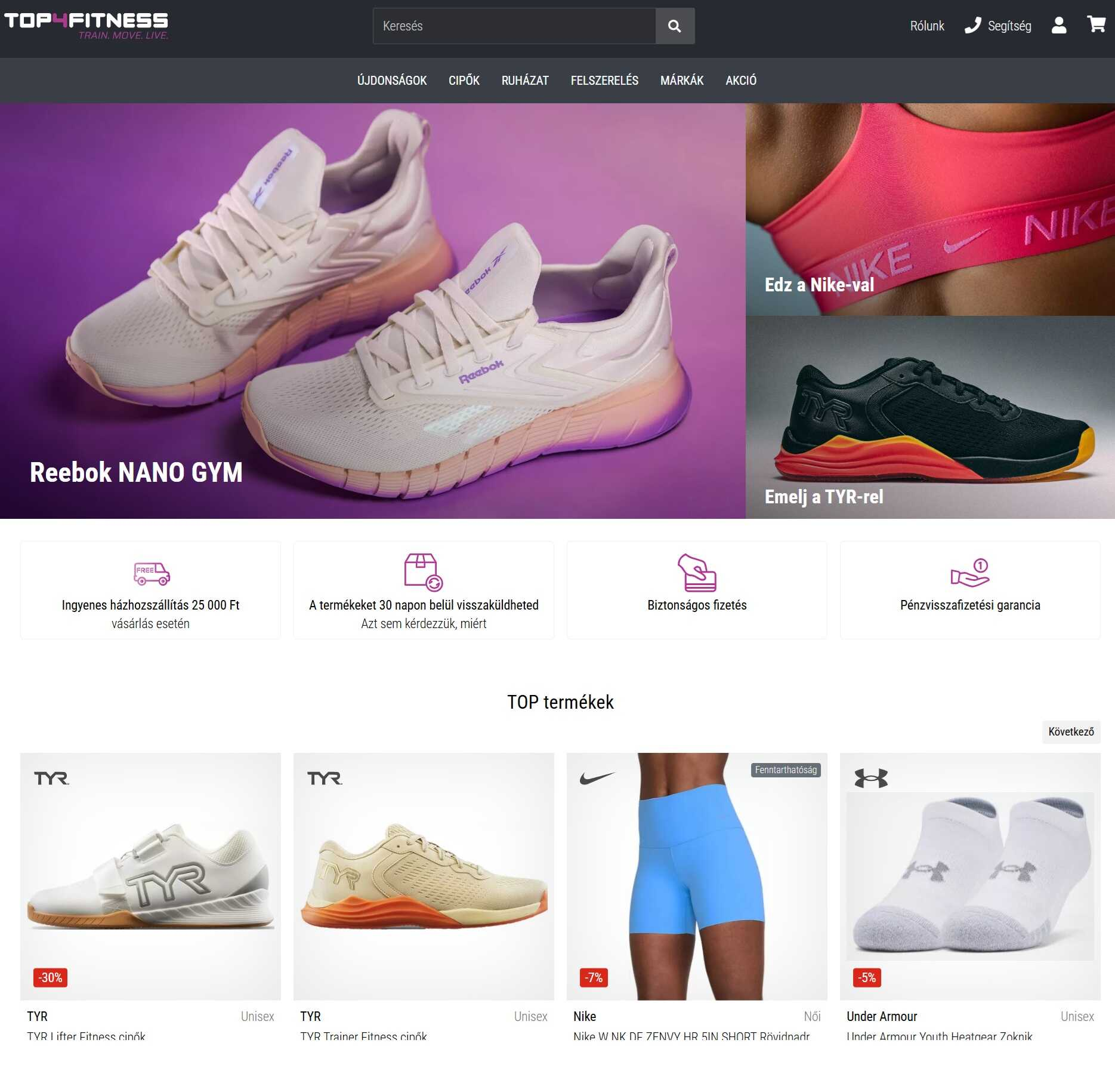 Top4Fitness webshop főoldala