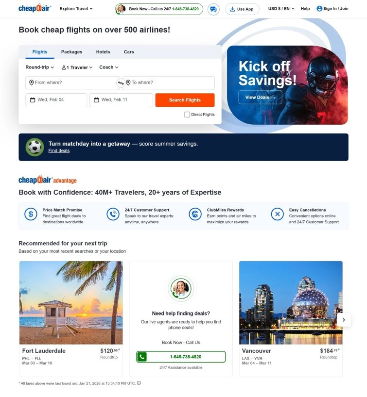 Szolgáltatások listája a CheapOair webáruház főoldalán