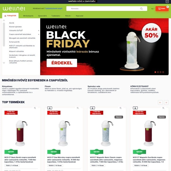 Termmékek a Wellnet víztisztító webshop főoldalán