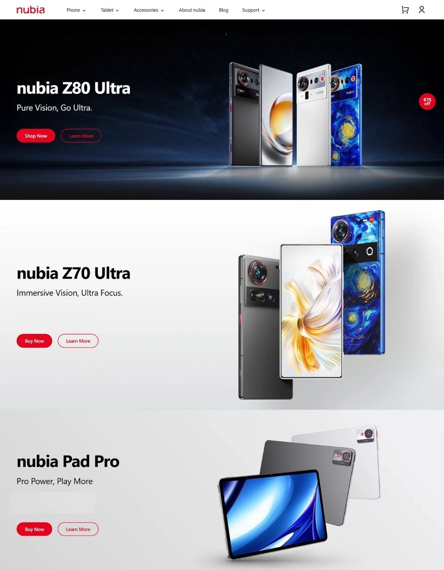 Termmékek a Nubia webshop főoldalán