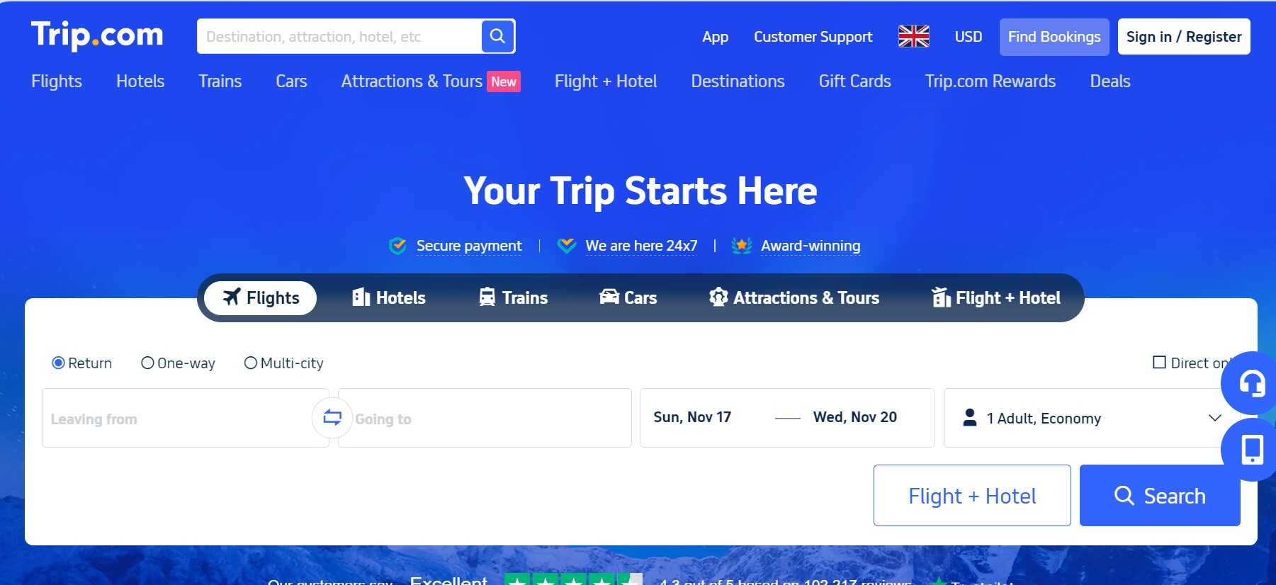 a Trip.com főoldala
