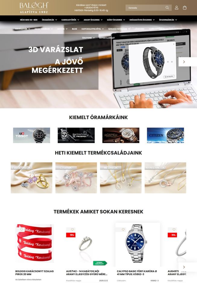 Termékek a Balogh óra ékszer webáruház főoldalán