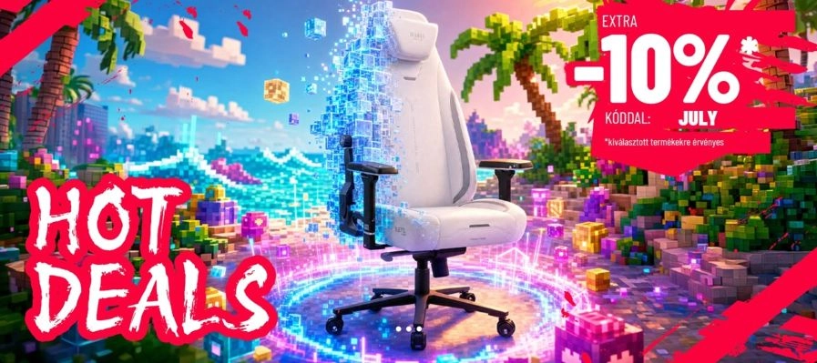 Akciós reklámbanner, amelyen modern ergonomikus gamer szék szerepel