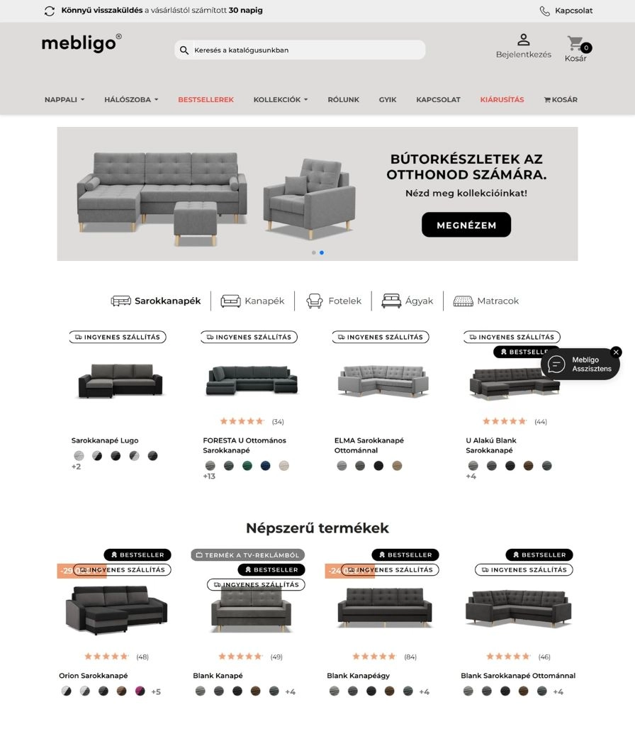 Termmékek a Mebligo webshop főoldalán
