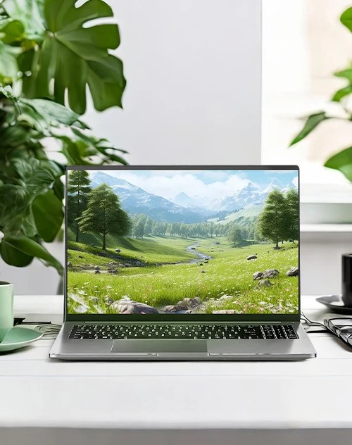 Laptop az asztalon, a háttérben virág
