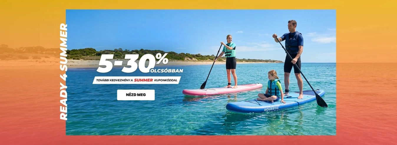 Nyári akció reklámbanner, amelyen paddleboardoznak