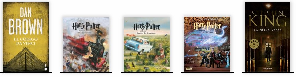 különböző közkedvelt könyvek, mint Harry Potter, vagy Stephen King által írt könyvek