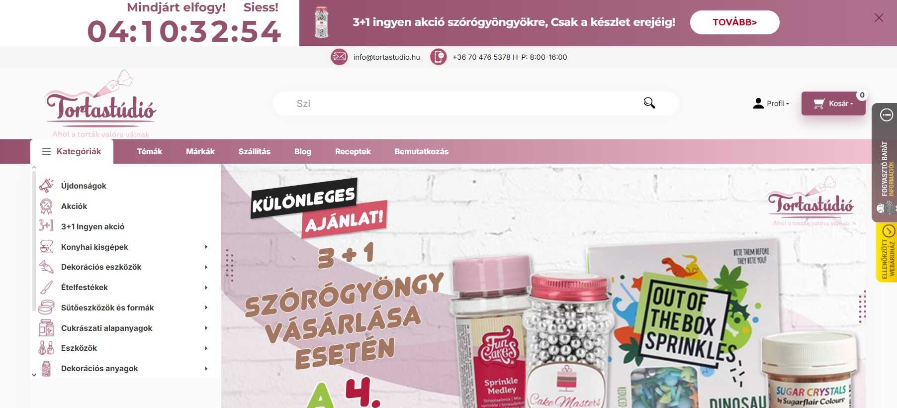 a webáruház főoldala és különböző díszítőelemek tortához