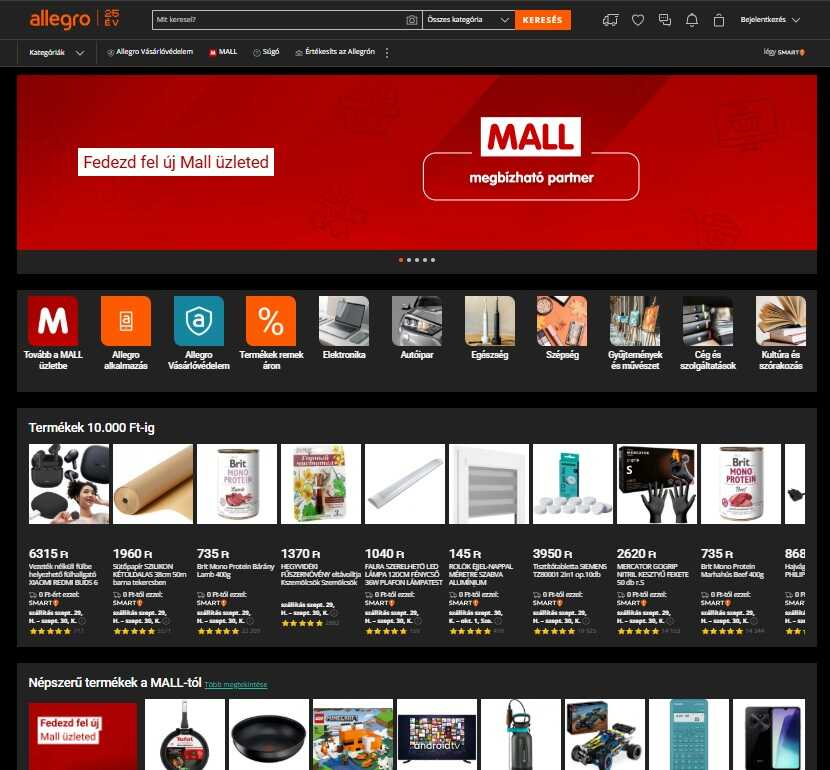 Allegro webshop főoldala
