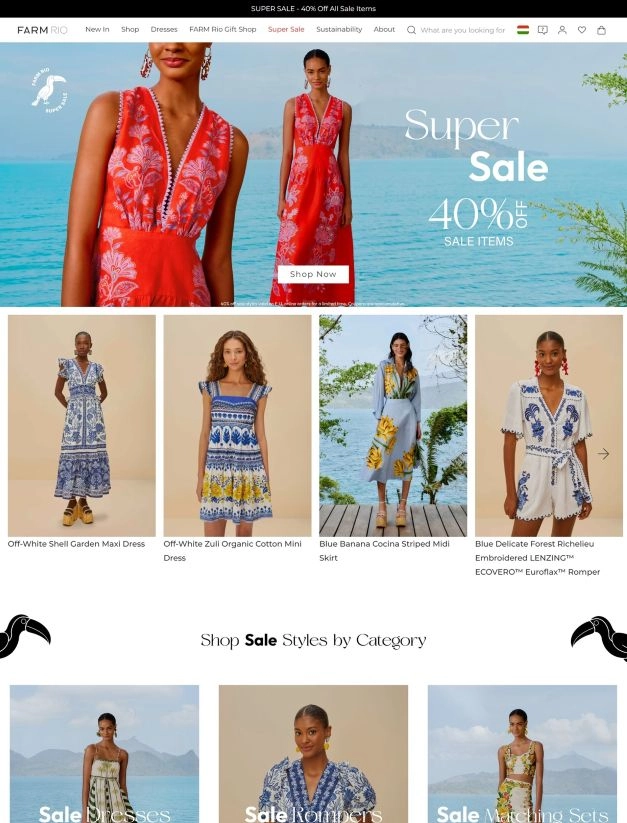 Női ruhák a Farm Rio webáruház főoldalán