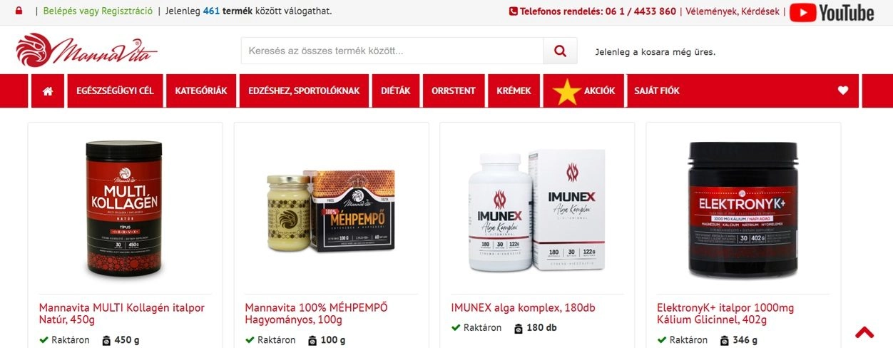 A webáruház főoldala