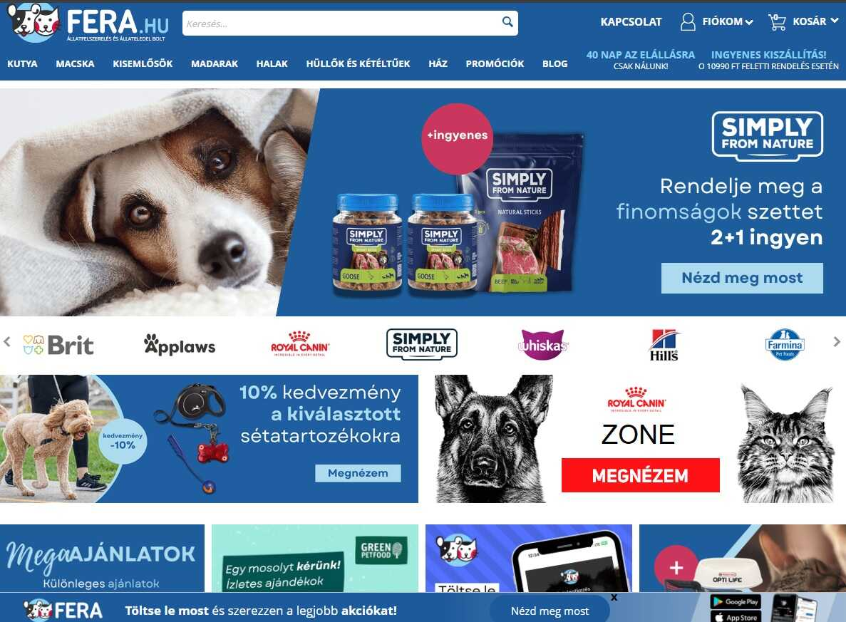 Fera webáruház főoldala