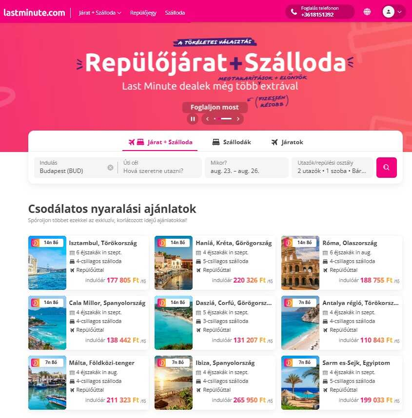 Lastminute.com webáruház főoldala