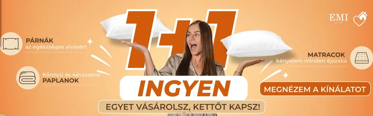 1+1 ajánlat a párnákra, a reklámbanneren egy nő mosolyog
