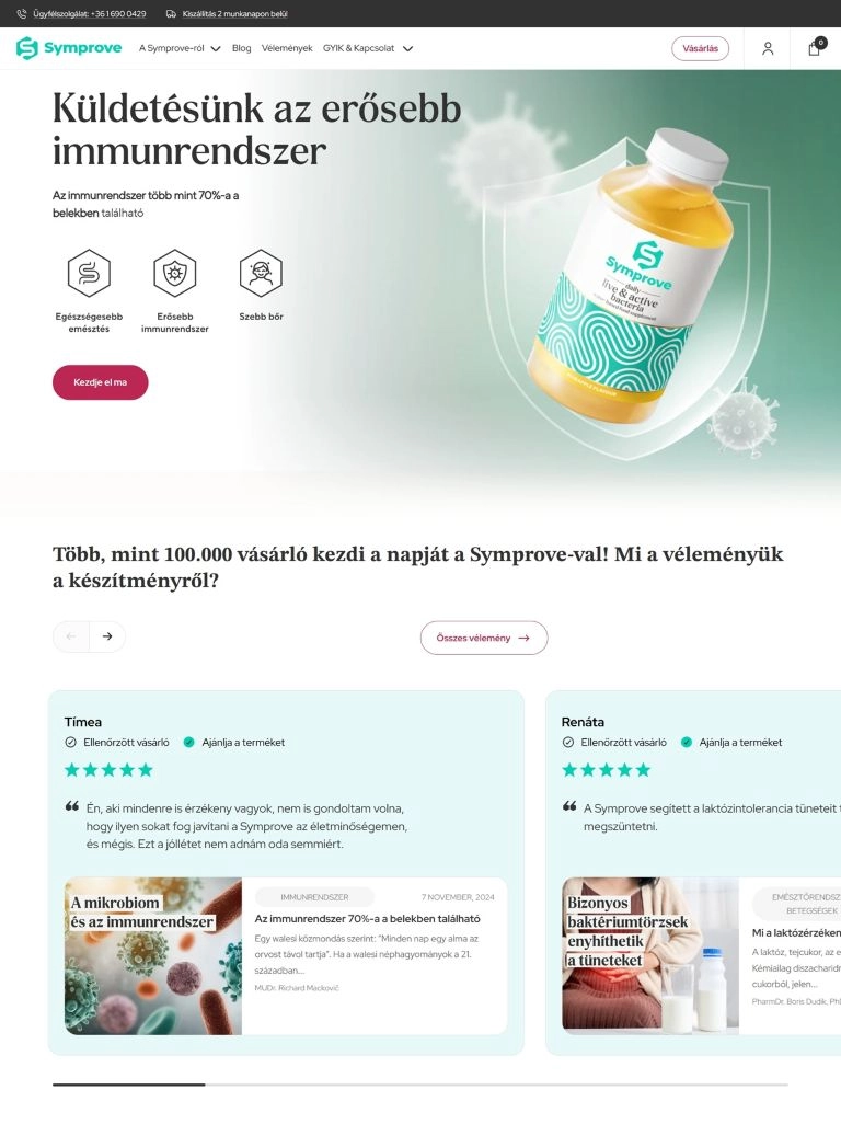 Termékek és információ a Symprove webáruház főoldalán