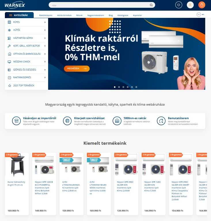 Warnex webshop főoldala
