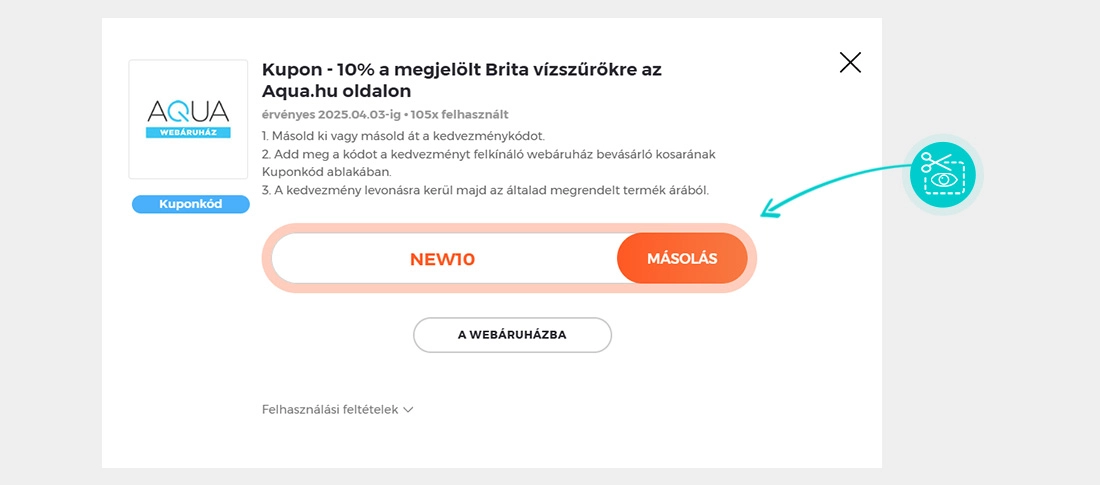 Útmutató egy Aqua webáruház kuponkód bemásolásához