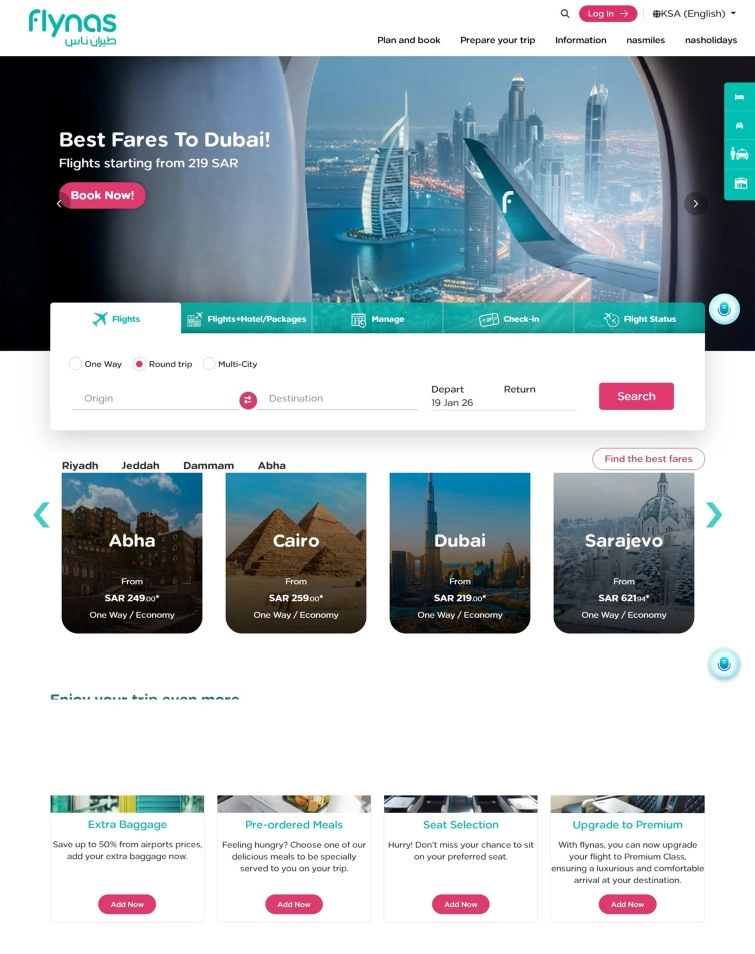 Desztinációk a Flynas webáruház főoldalán