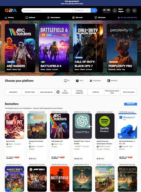 G2A webáruház főoldala