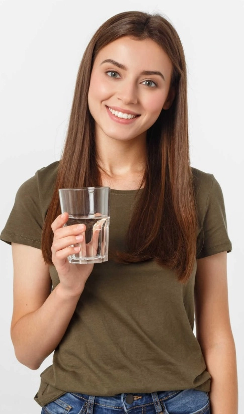 A lány egy pohár tiszta vizet tart a kezében és mosolyog