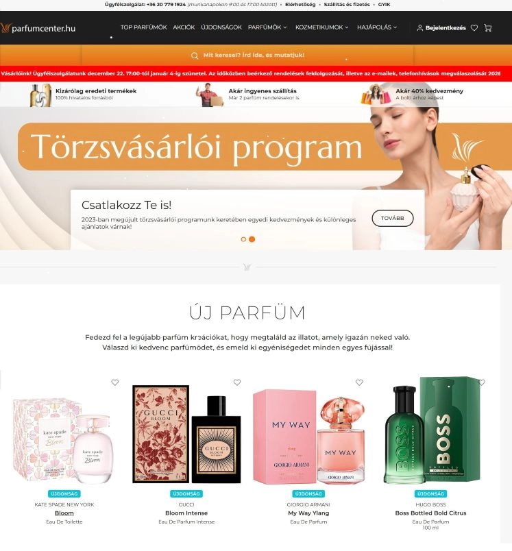 Termékek a parfumcenter webshop főoldalán