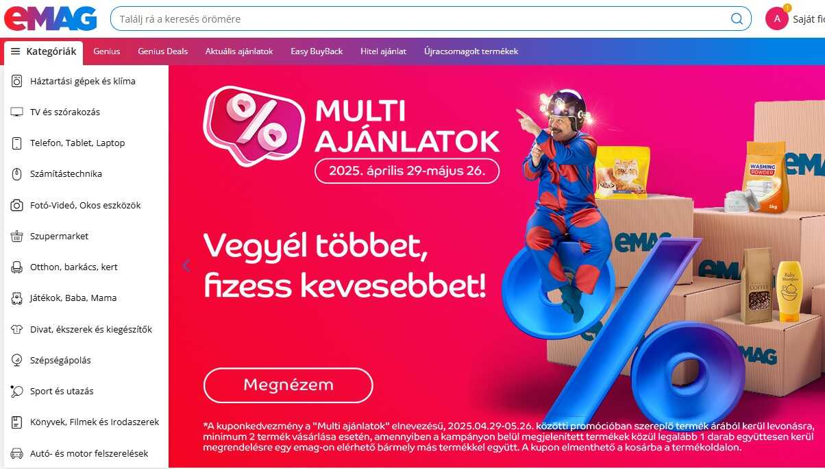 eMAG- a webshop főoldala