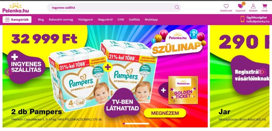 A webáruház főoldala az elérhető akciókkal