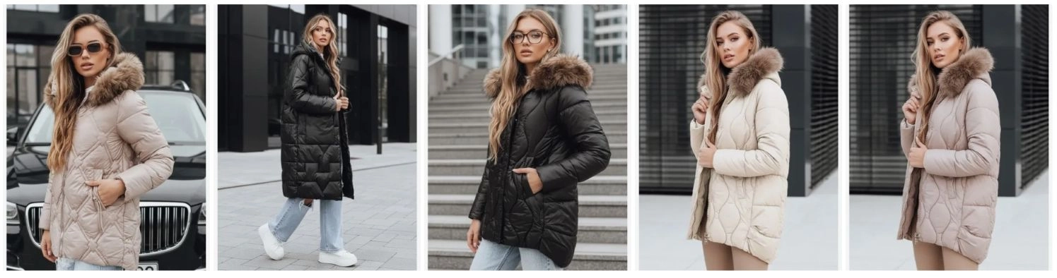 Nő divatos fekete és barna kabátokban egy reklámbanneren