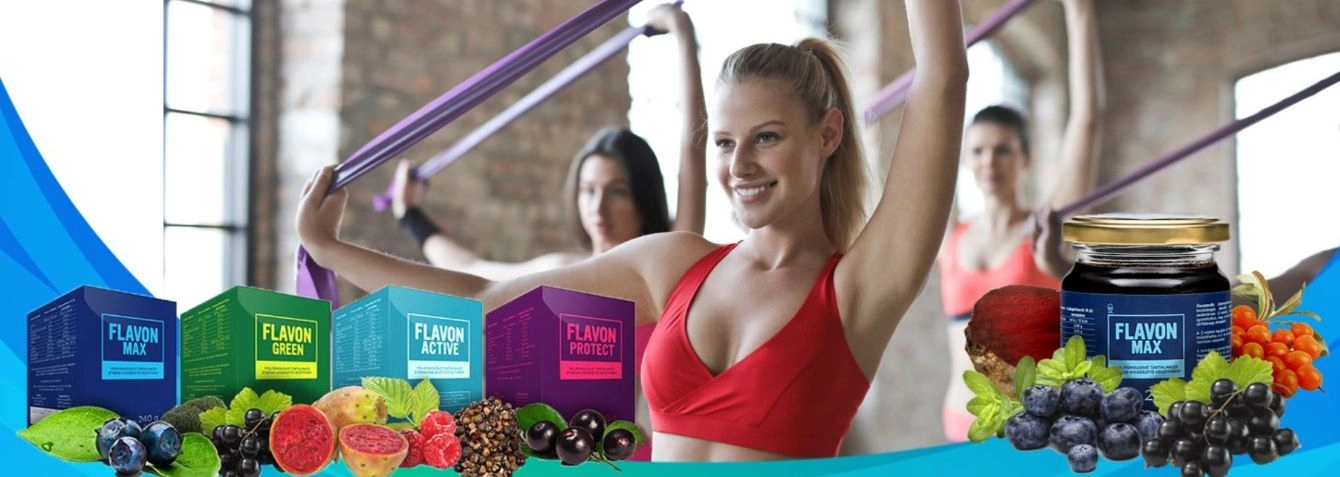 Természetes alapanyagokból készült termékeket ábrázoló reklámbanner, amelyen egy nő is sportol