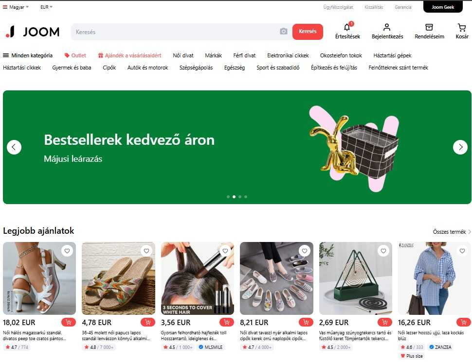 joom webáruház főoldala
