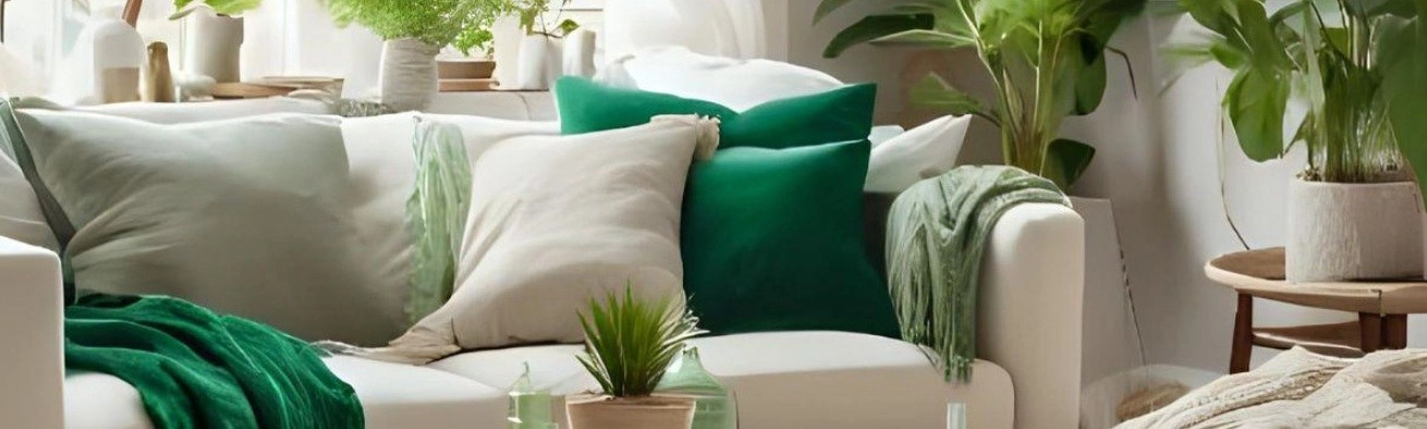 Zöld díszpárnák a krémszínű kanapén