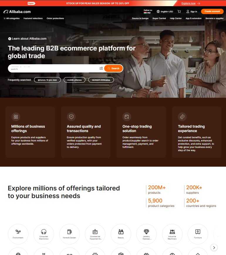 Alibaba webáruház főoldalal