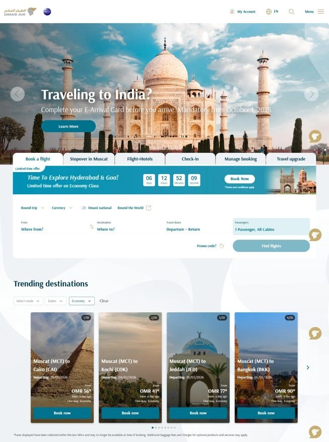 Ajánlatok az Oman Air légitársaság weboldalán