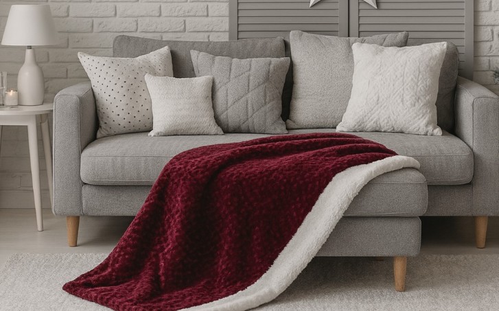 Egy bordó takaró egy szürke kanapén