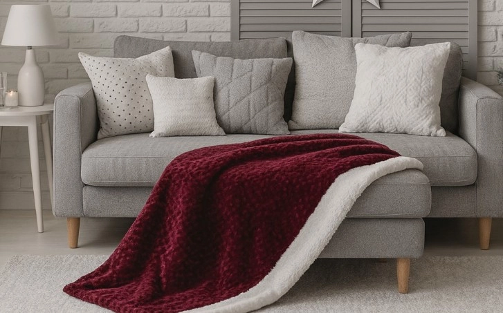 Egy bordó takaró egy szürke kanapén