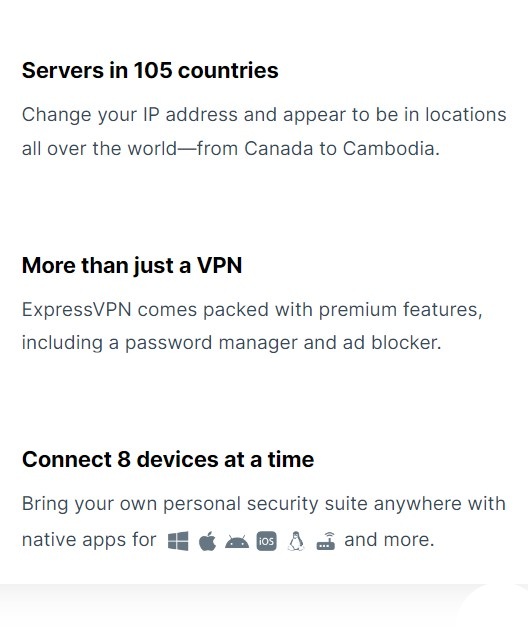 expressvpn szolgáltatások listája