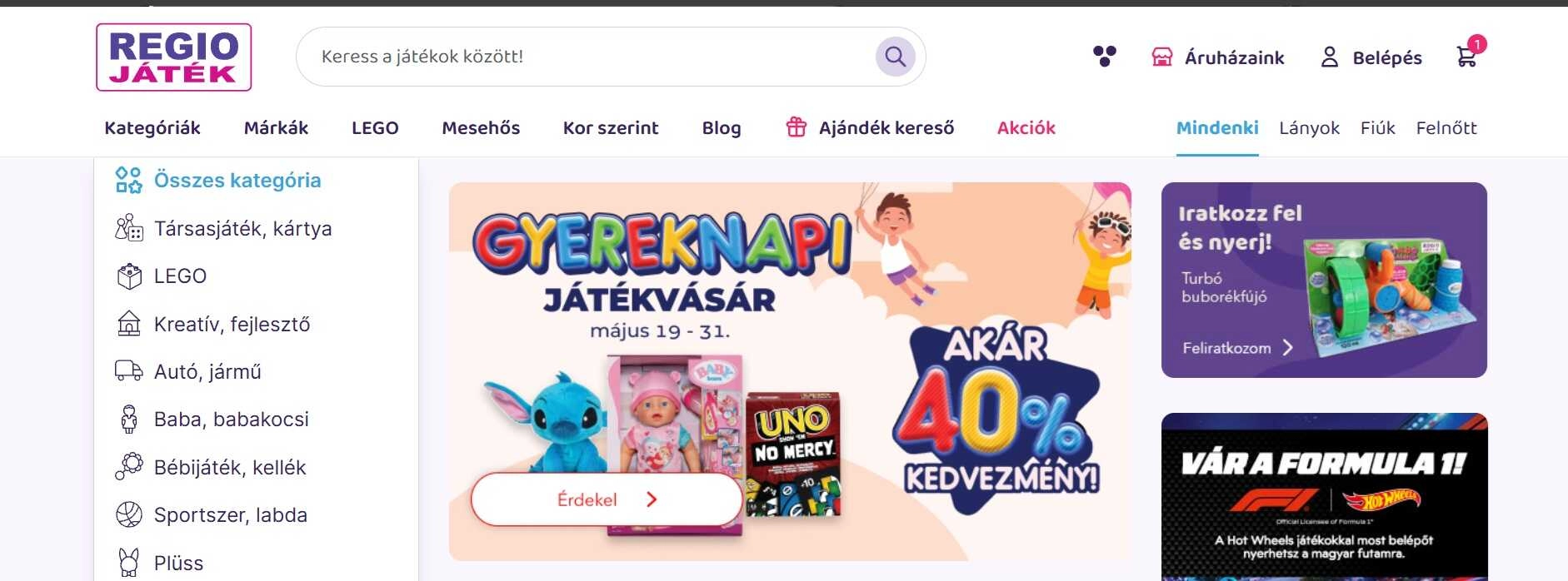 A botl főoldala, amely akciókat is tartalmaz
