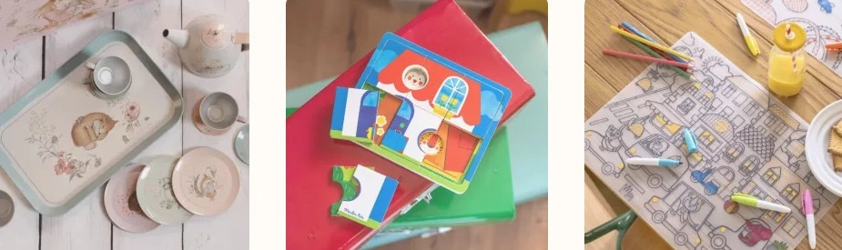 Ceruzák, kártyajátékok, tálca és tányérok