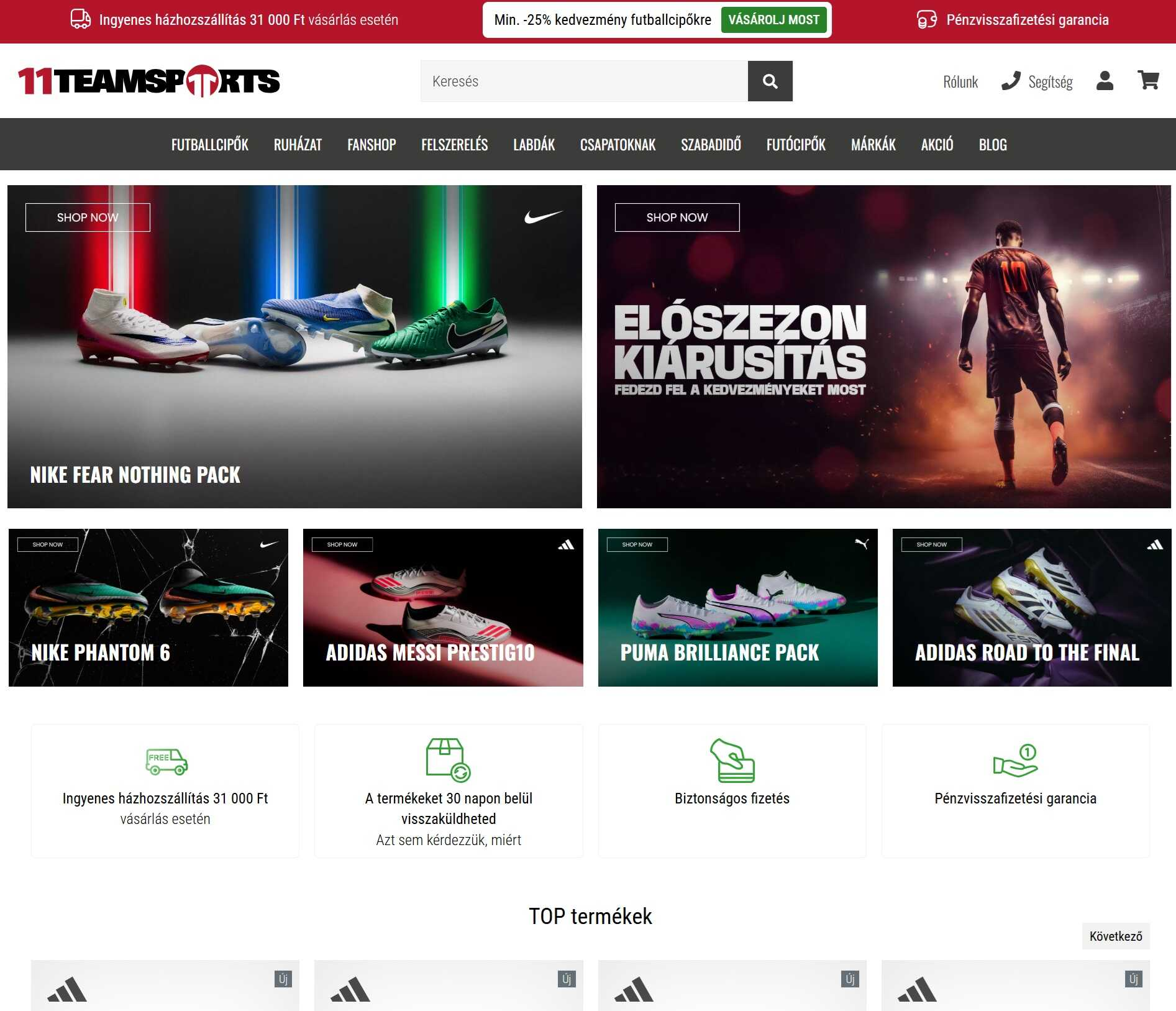 11Teamsports webáruház főoldala