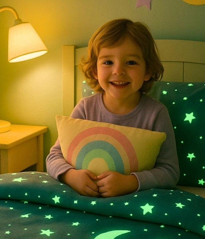A kislány egy szivárványos párnát ölelget, miközben az ágyában ül
